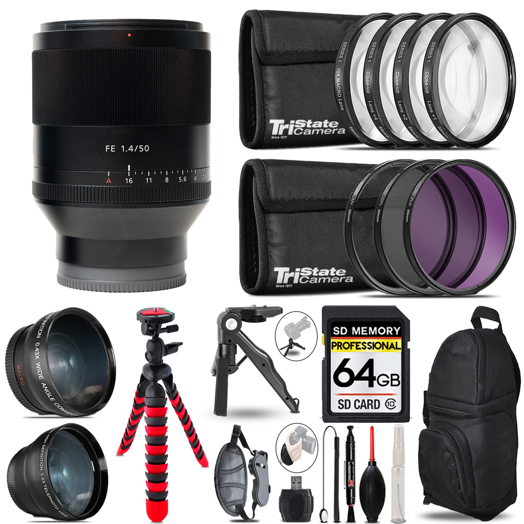Planar T* FE 50mm f/1.4 ZA Lens - 3 Lens Kit + Tripod +Backpack -64GB Kit *FREE SHIPPING*