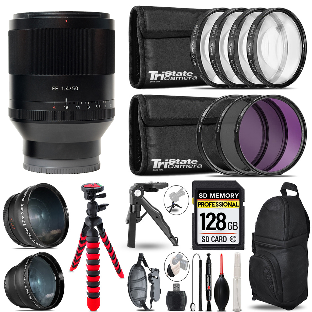 Planar T* FE 50mm f/1.4 ZA Lens  -3 Lens Kit +Tripod +Backpack- 128GB Kit *FREE SHIPPING*