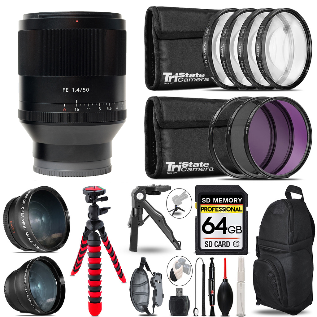 Planar T* FE 50mm f/1.4 ZA Lens  -3 Lens Kit + Tripod +Backpack -64GB Kit *FREE SHIPPING*
