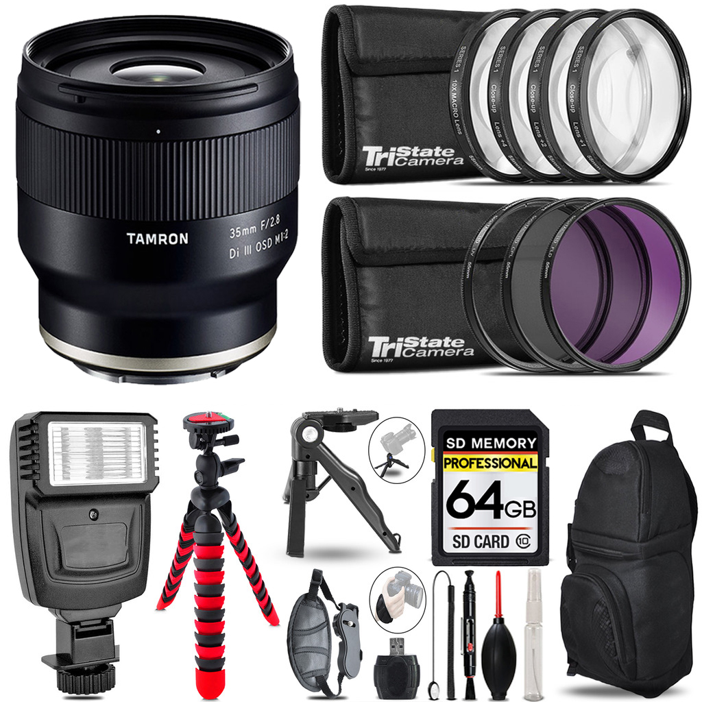 35mm f/2.8 Di III OSD M Lens for Sony +Flash +MACRO UV-CPL-FLD-64GB Kit *FREE SHIPPING*