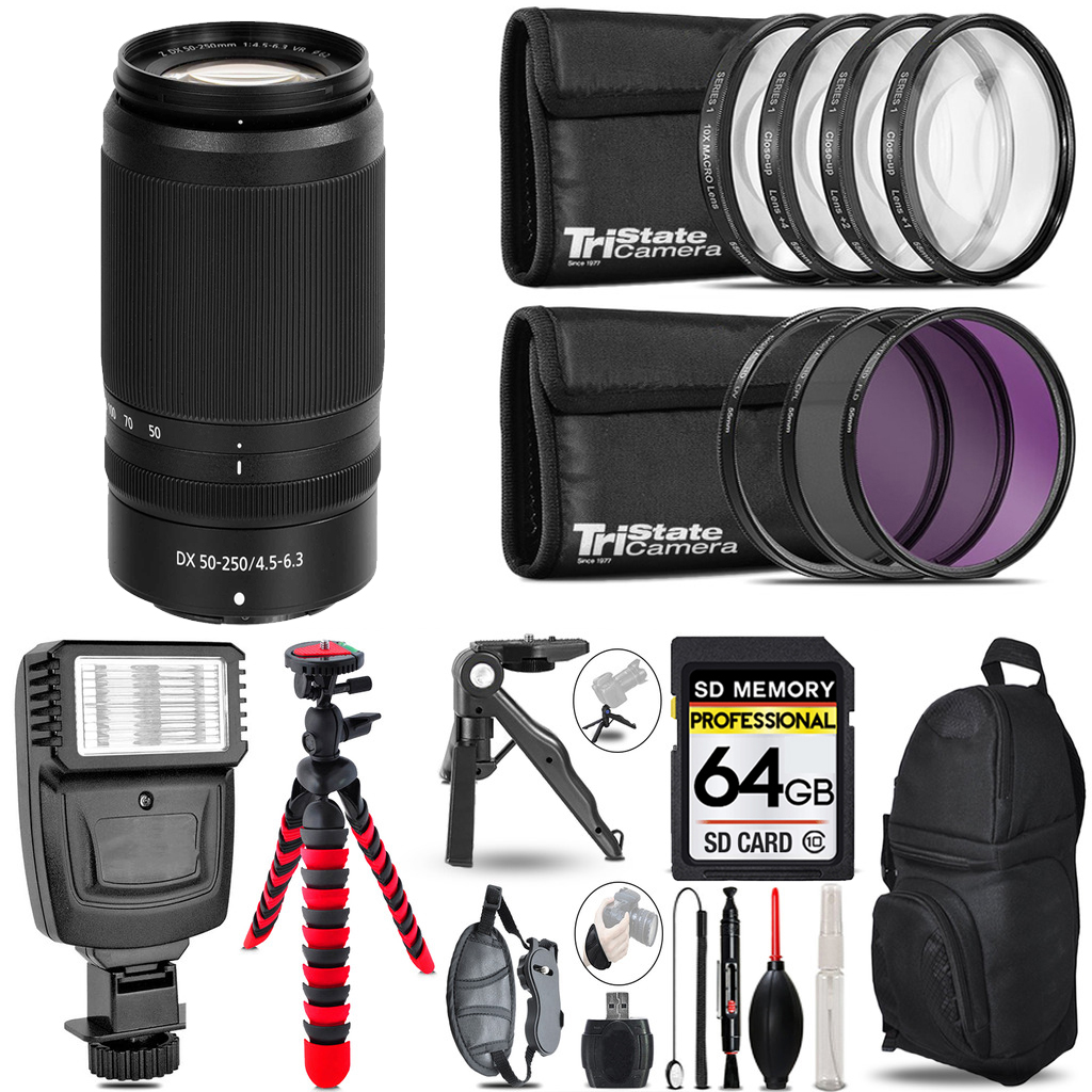 NIKKOR Z DX 50-250mm f/4.5-6.3 VR Lens+Flash+MACRO UV-CPL-FLD-64GB Kit *FREE SHIPPING*