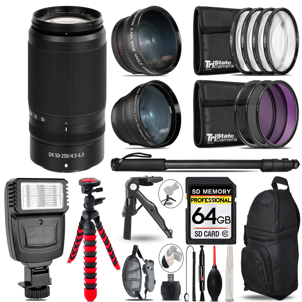 NIKKOR Z DX 50-250mm f/4.5-6.3 VR Lens-3 Lenses+Flash +Tripod-64GB Kit *FREE SHIPPING*