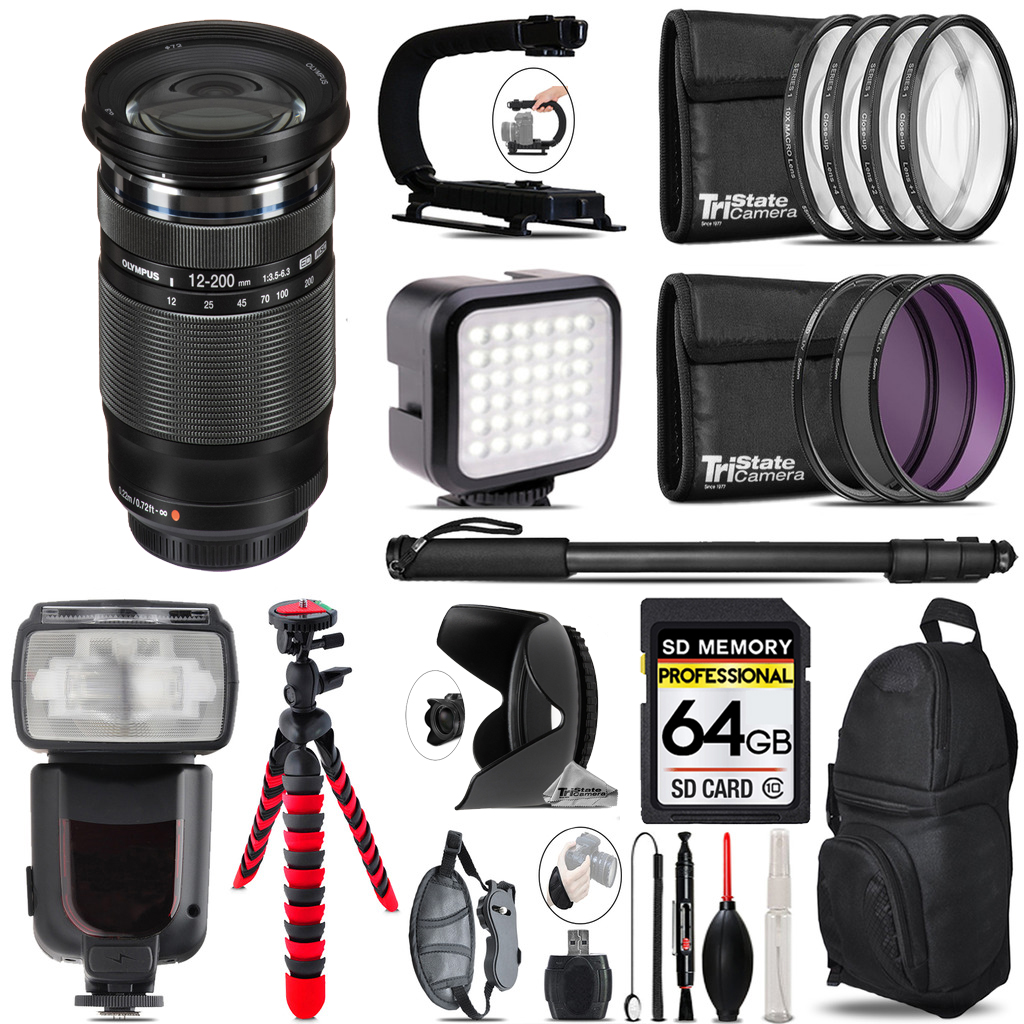 M.Zuiko Digital ED 12-200mm f/3.5-6.3 Lens + LED Flash+ Bag -64GB Bundle *FREE SHIPPING*