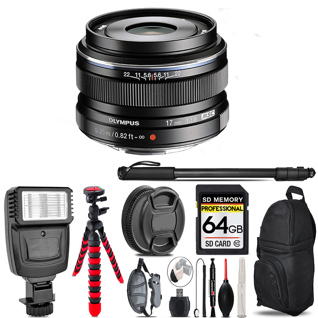 M.Zuiko Digital 17mm f/1.8 Lens - Video Kit+Flash-64GB Accessory Bundle *FREE SHIPPING*