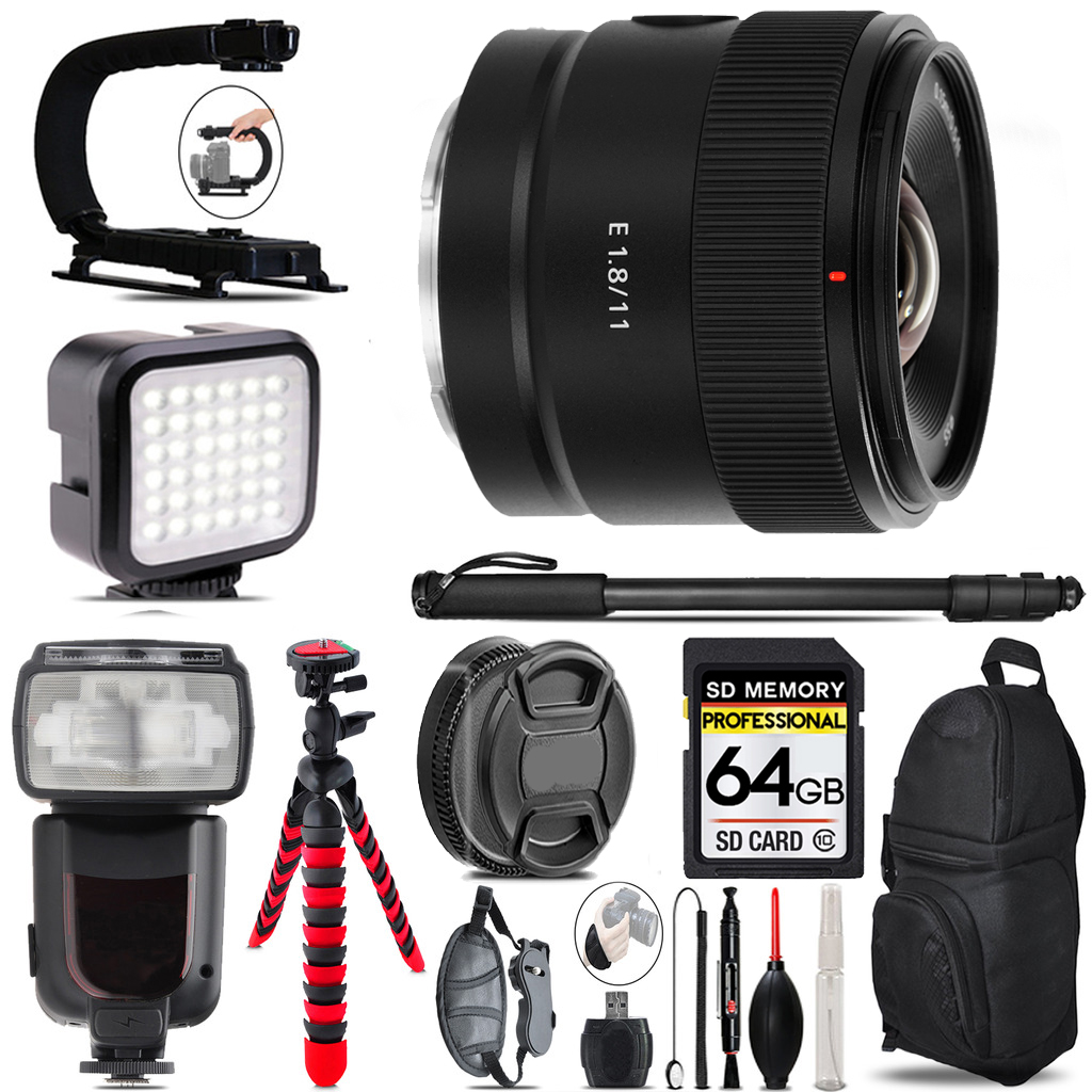 E 11mm f/1.8 Lens + LED Flash+ Bag - 64GB Accessory Bundle *FREE SHIPPING*