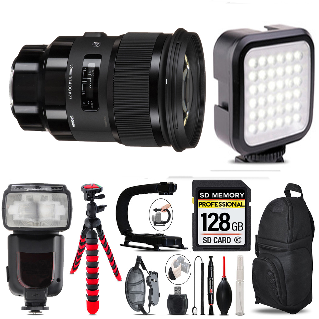 50mm f/1.4 DG HSM Art Lens for Sony E + LED Light - 128GB Accessory Bundle *FREE SHIPPING*