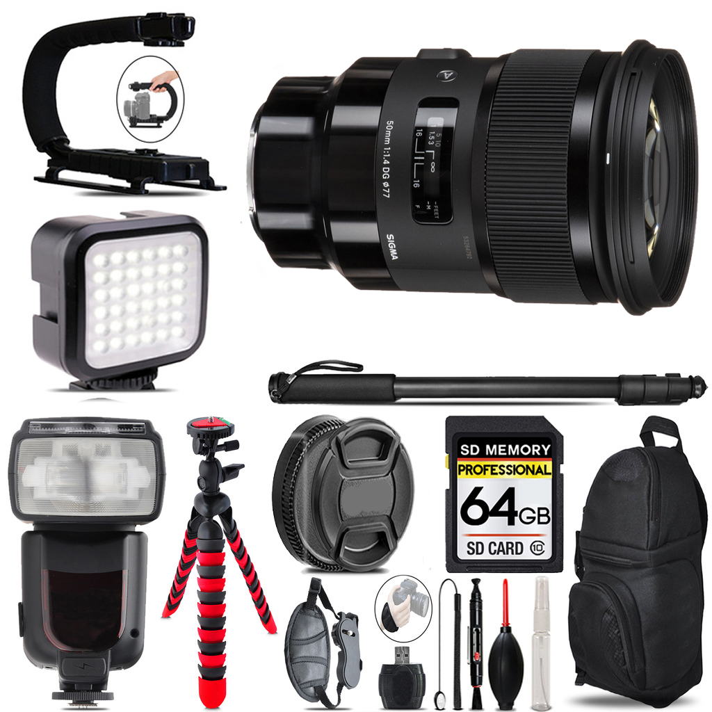 50mm f/1.4 DG HSM Art Lens  + LED Flash+ Bag - 64GB Accessory Bundle *FREE SHIPPING*