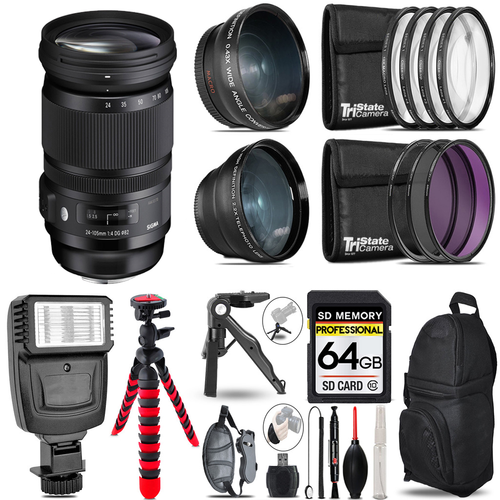 24-105mm f/4 DG OS HSM Lens for Canon EF 3 Lenses+Flash +Tripod -64GB Kit *FREE SHIPPING*