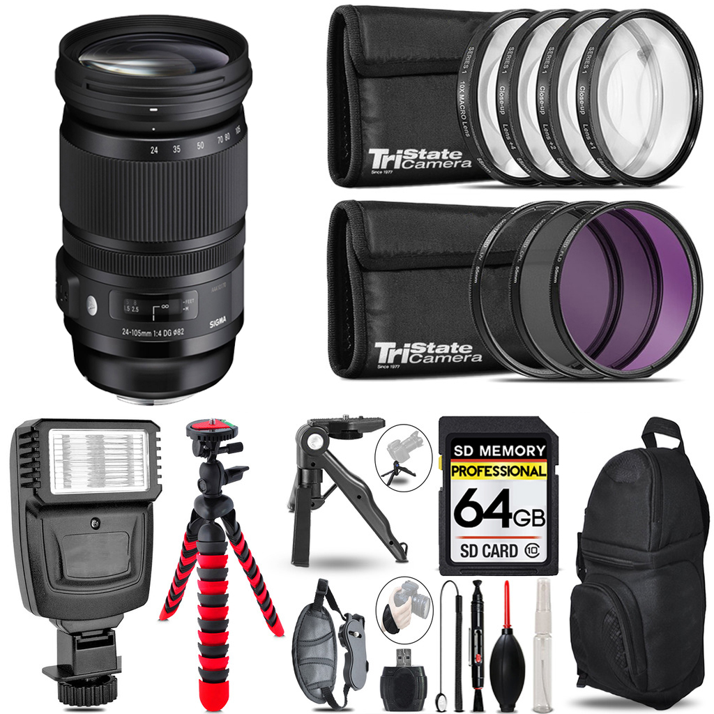24-105mm f/4 DG OS HSM Lens for Canon EF +Flash +MACRO UV-CPL-FLD-64GB Kit *FREE SHIPPING*