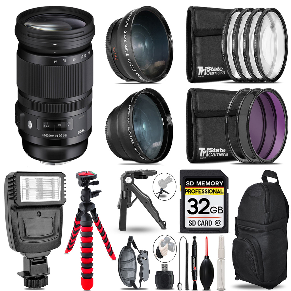 24-105mm f/4 DG OS HSM Lens for Canon EF 3 Lenses+Flash +Tripod -32GB Kit *FREE SHIPPING*