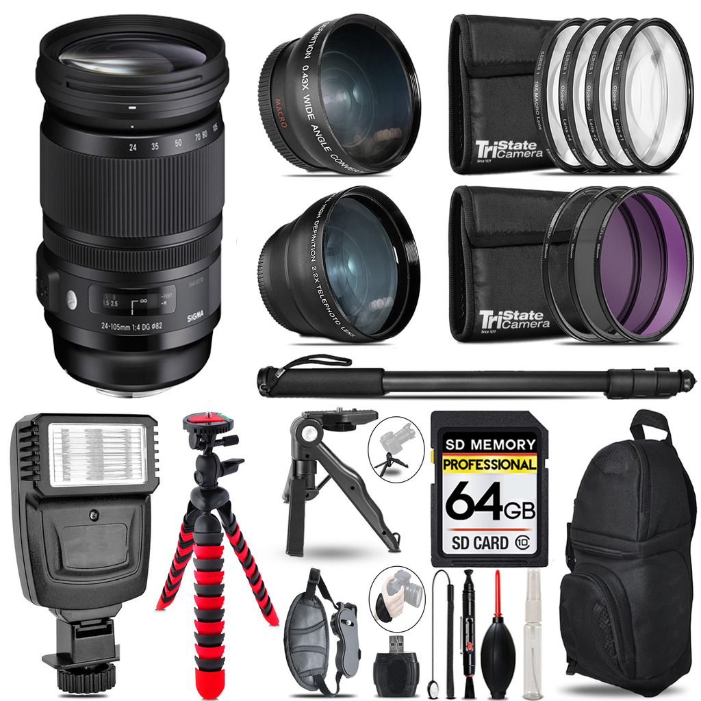 24-105mm f/4 DG OS HSM Lens for Canon EF -3 Lenses+Flash +Tripod -64GB Kit *FREE SHIPPING*
