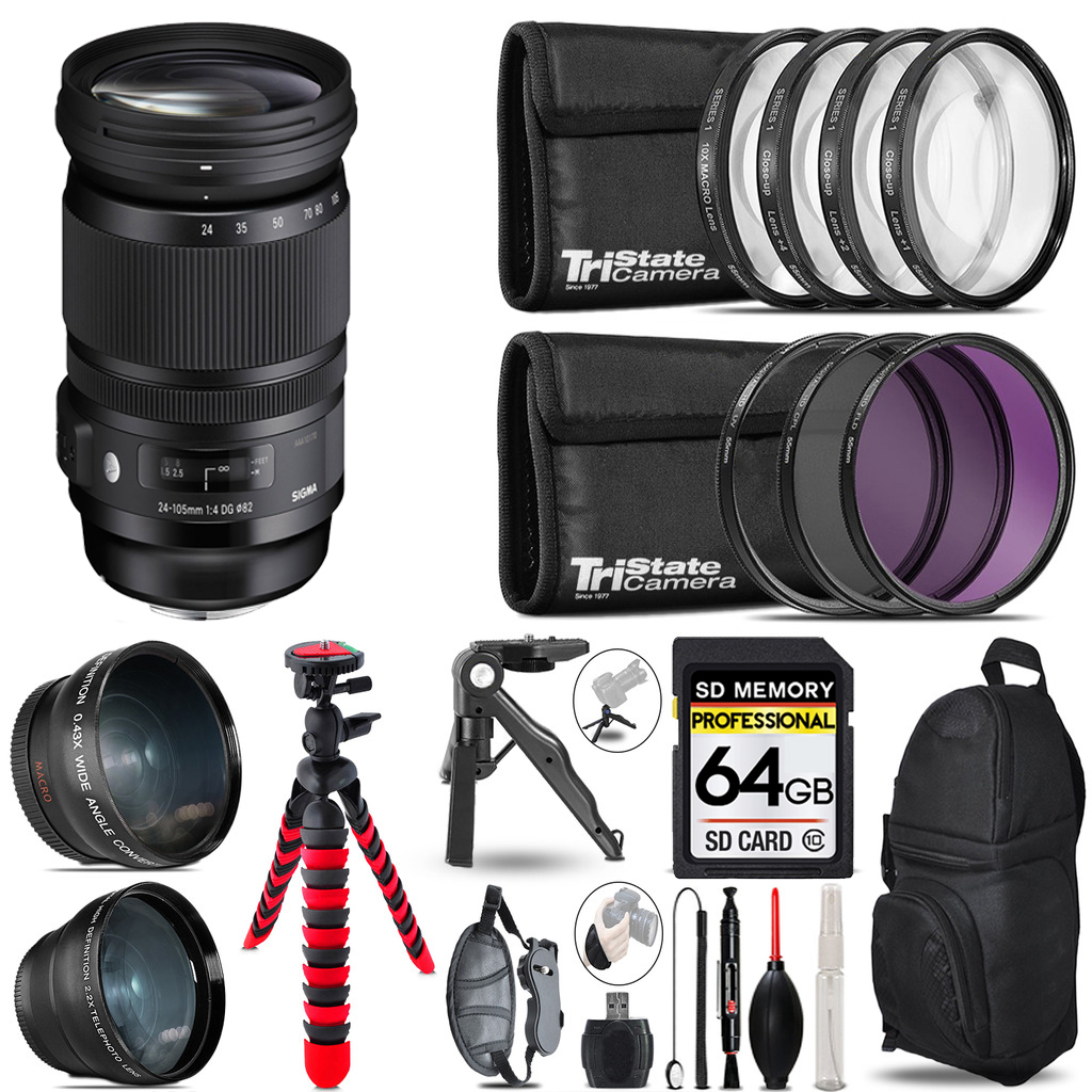 24-105mm f/4 DG OS HSM Lens for Canon EF -3 Lenses+ Tripod +Backpack -64GB *FREE SHIPPING*