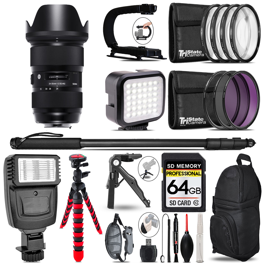 24-35mm f/2 DG HSM Art Lens for Nikon F - Video Kit + Flash +Monopad -64GB *FREE SHIPPING*