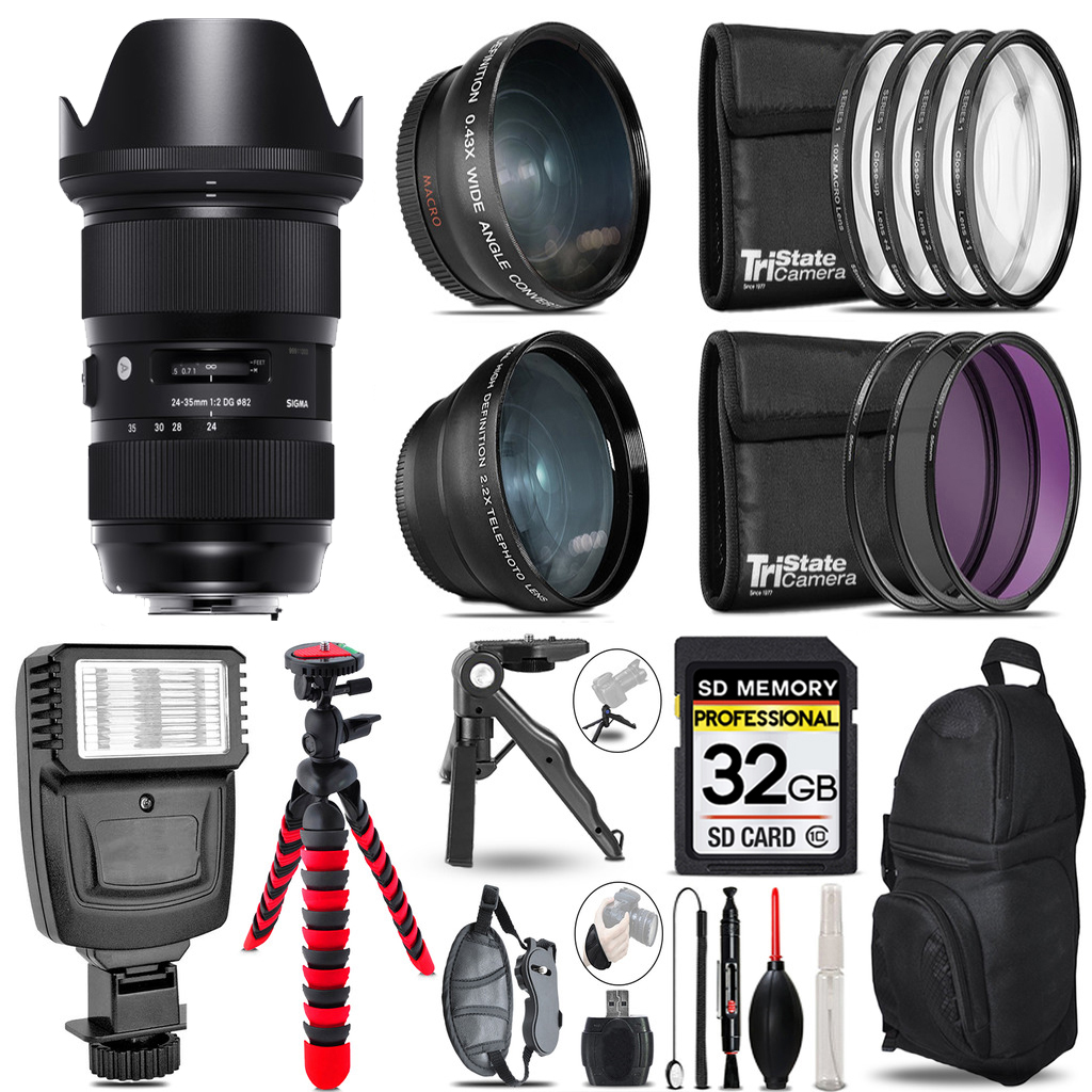 24-35mm f/2 DG HSM Art Lens for Nikon F - 3 Lenses+Flash +Tripod -32GB Kit *FREE SHIPPING*