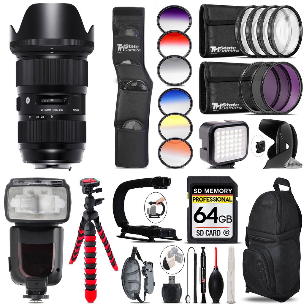 24-35mm f/2 DG HSM Art Lens for Nikon F+ LED Light -64GB Kit Bundle *FREE SHIPPING*