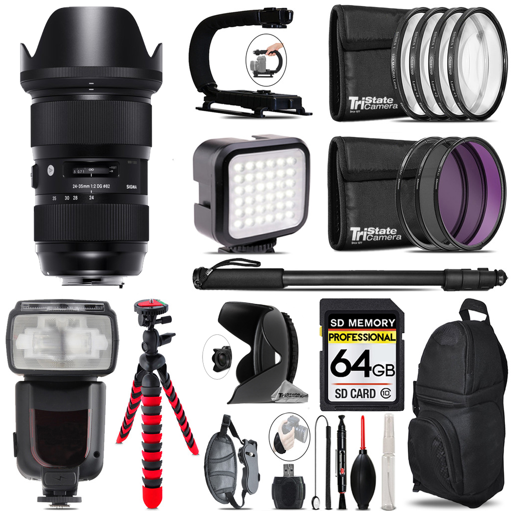 24-35mm f/2 DG HSM Art Lens for Nikon F + LED Flash+ Bag -64GB Bundle *FREE SHIPPING*