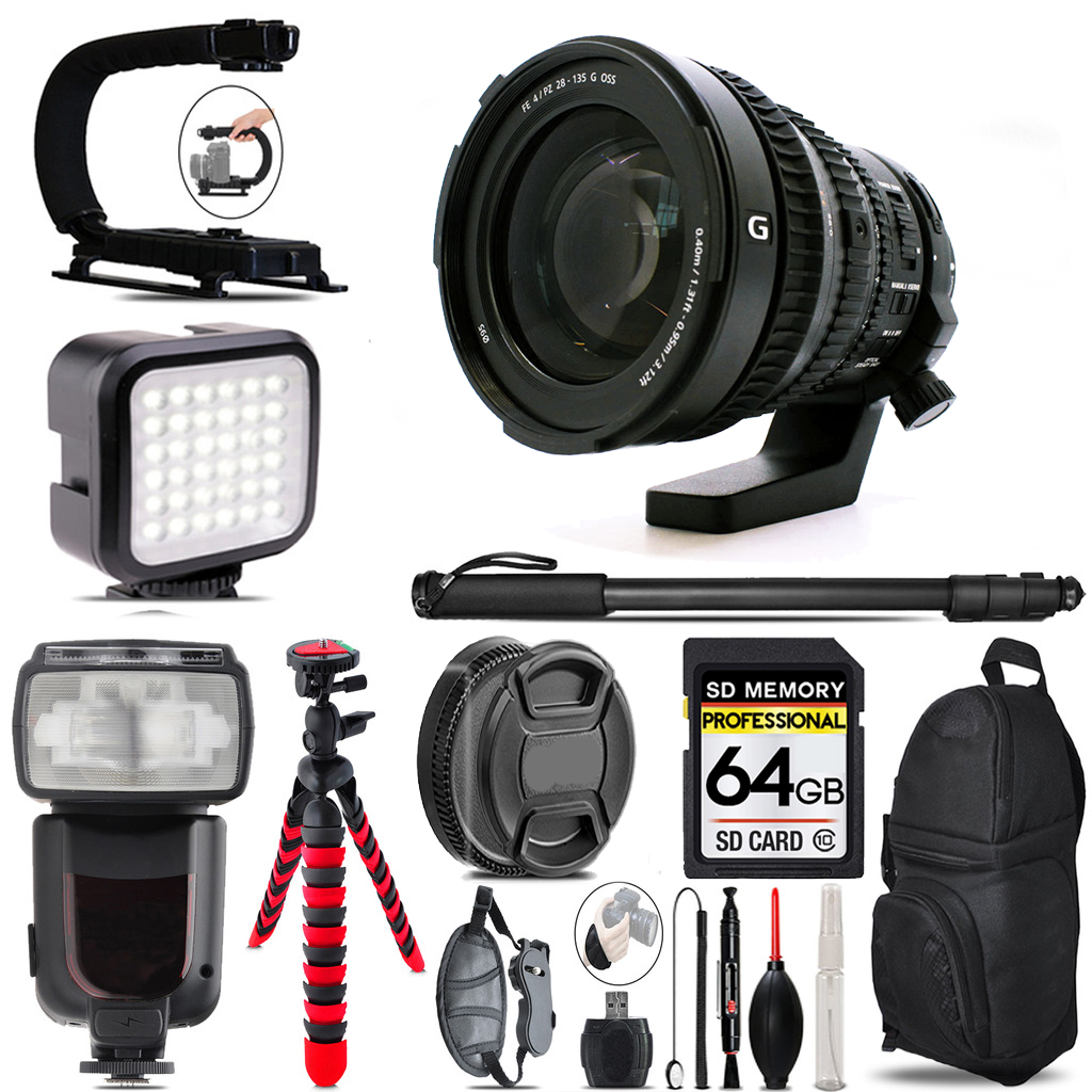 FE PZ 28-135mm f/4 G OSS Lens + LED Flash+ Bag - 64GB Accessory Bundle *FREE SHIPPING*