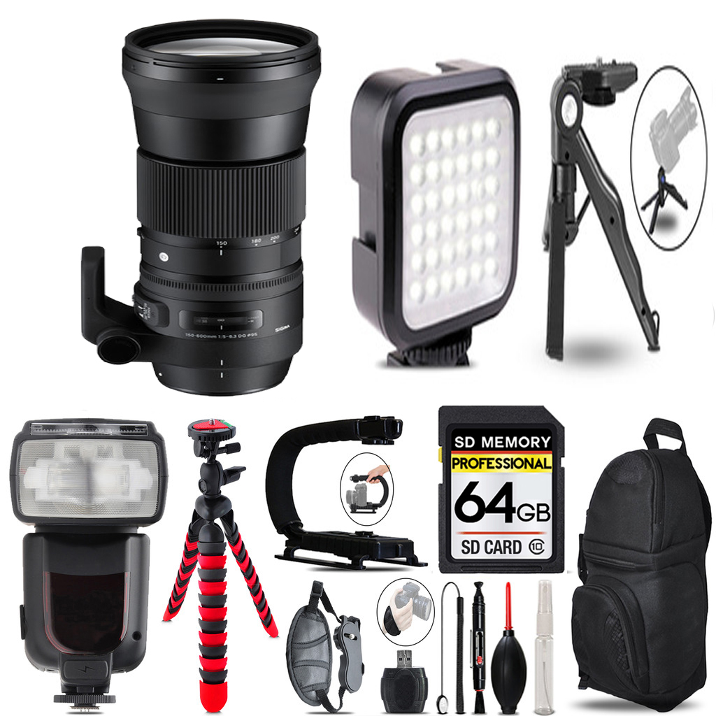 150-600mm f/5-6.3 HSM Lens for Nikon F+ LED Light +Tripod -64GB Kit *FREE SHIPPING*