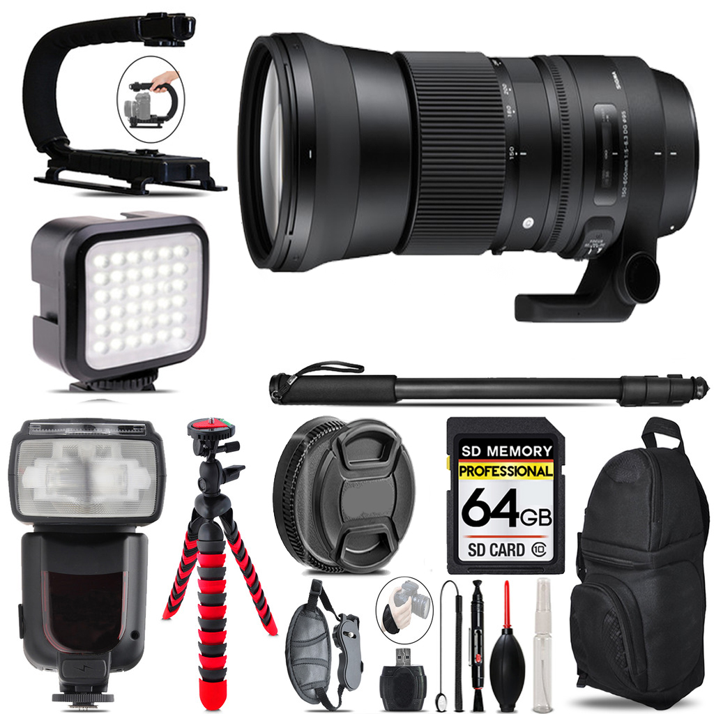 150-600mm f/5-6.3 HSM Lens for Nikon F + LED Flash+ Bag -64GB Bundle *FREE SHIPPING*