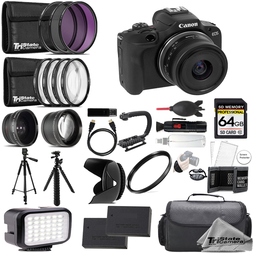 EOS R100 Camera with 18-45mm Lens +64GB +Ext Bat+ 9 PC Filter-Kit *FREE SHIPPING*