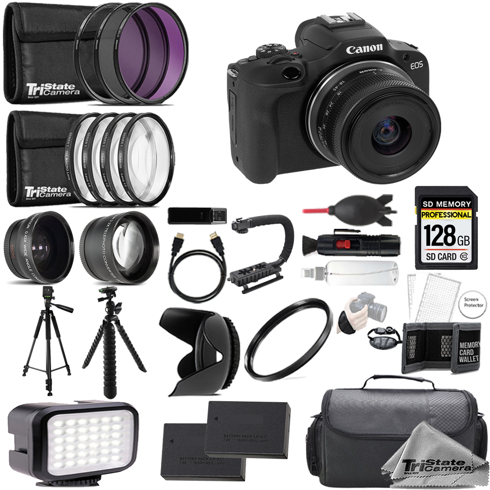 EOS R100 Camera with 18-45mm Lens + 128GB+Ext Bat+9 PC Filter Kit *FREE SHIPPING*