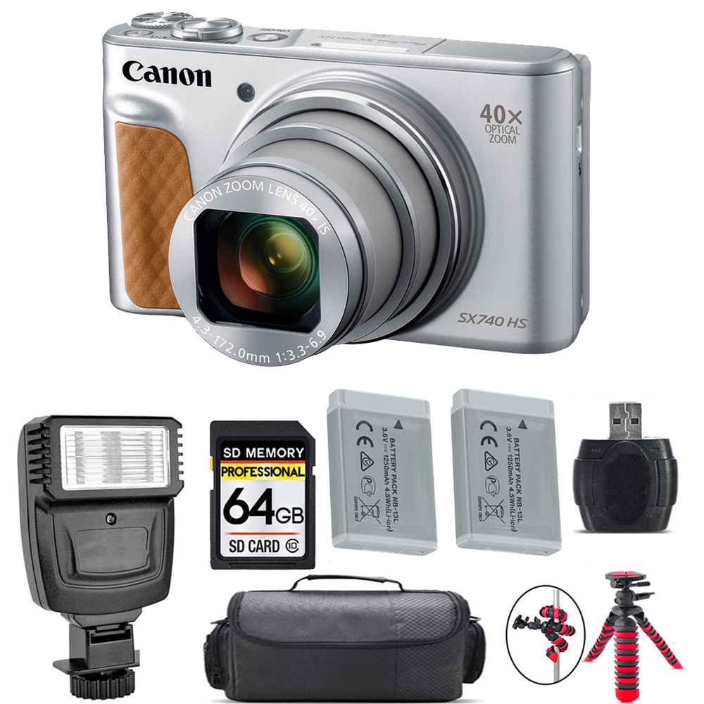 PowerShot SX740 HS Digital Camera Silver +Extra Battery + Flash - 64GB Kit *FREE SHIPPING*