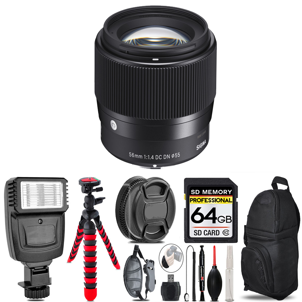 56mm f/1.4 DC DN Lens for Sony E +Flash+Tripod & More -64GB Accessory Kit *FREE SHIPPING*