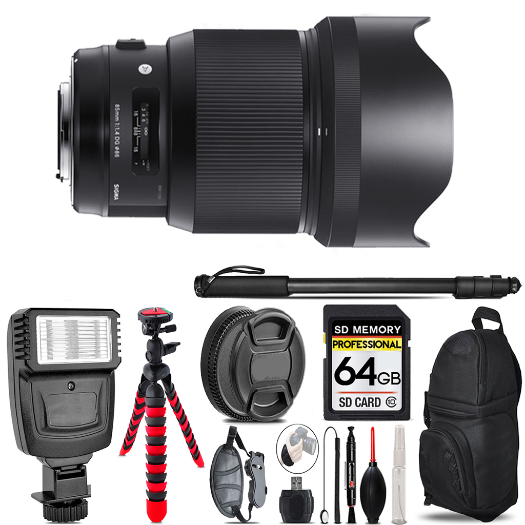 85mm f/1.4 DG HSM Lens for Nikon F - Video Kit+Flash-64GB Accessory Bundle *FREE SHIPPING*