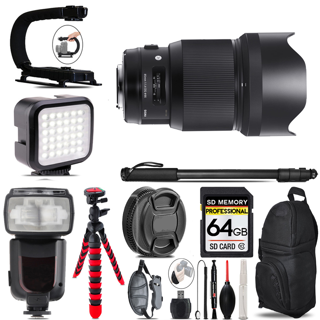 85mm f/1.4 DG HSM Lens for Nikon F +LED Flash+ Bag - 64GB Accessory Bundle *FREE SHIPPING*