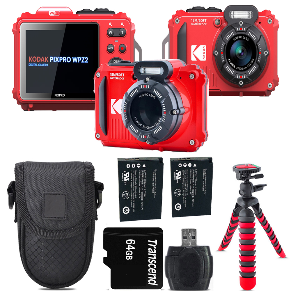 PIXPRO WPZ2 Digital Camera (Red) + Extra Battery +Tripod  + 64GB Kit *FREE SHIPPING*