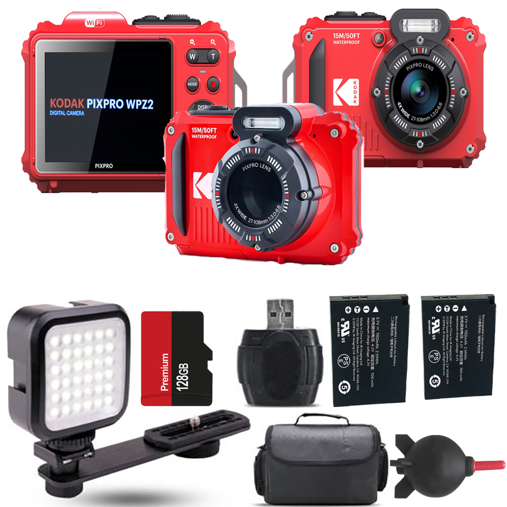 PIXPRO WPZ2 Digital Camera (Red) + Extra Battery + LED - 128GB Kit *FREE SHIPPING*