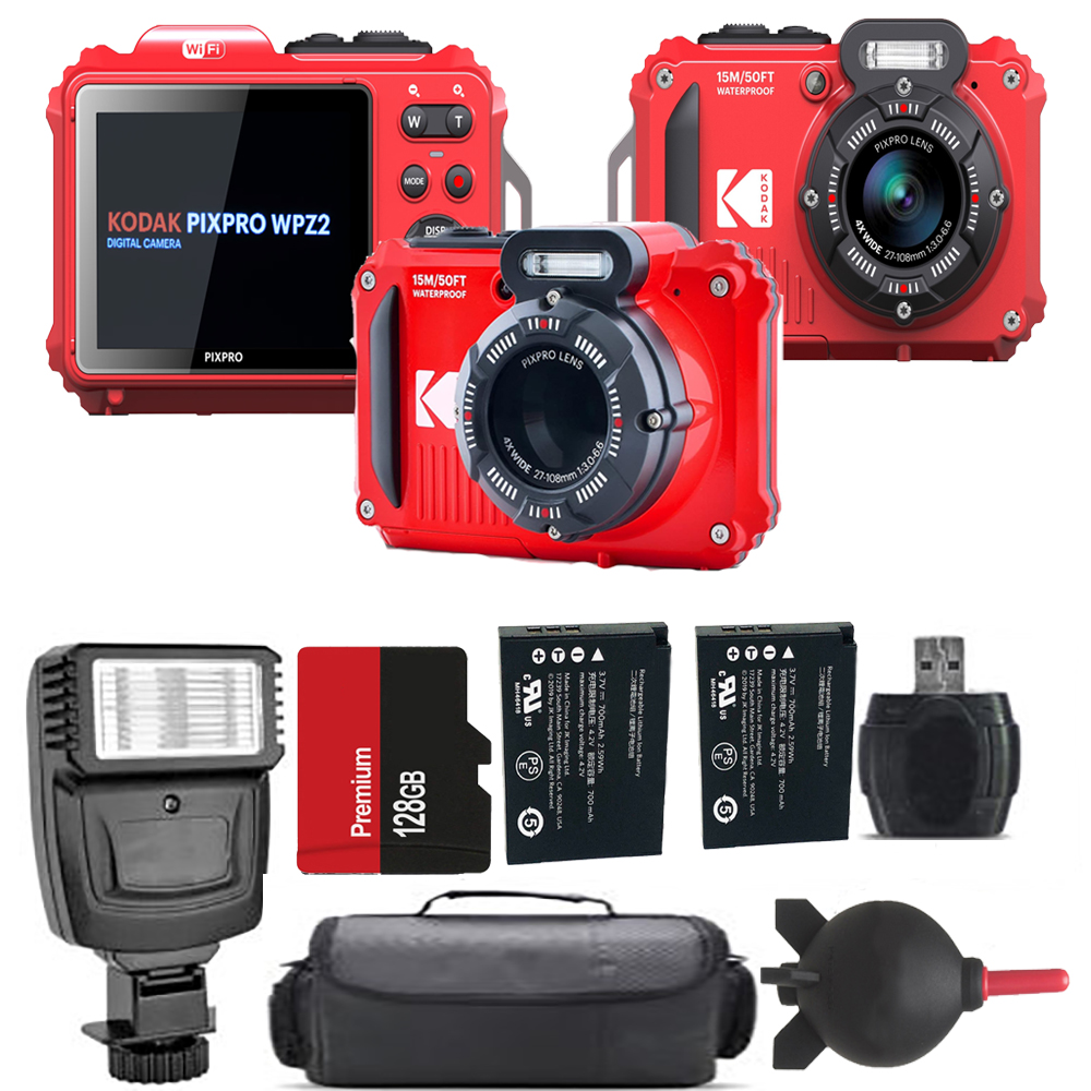 PIXPRO WPZ2 Digital Camera (Red) + Extra Battery + Flash - 128GB Kit *FREE SHIPPING*