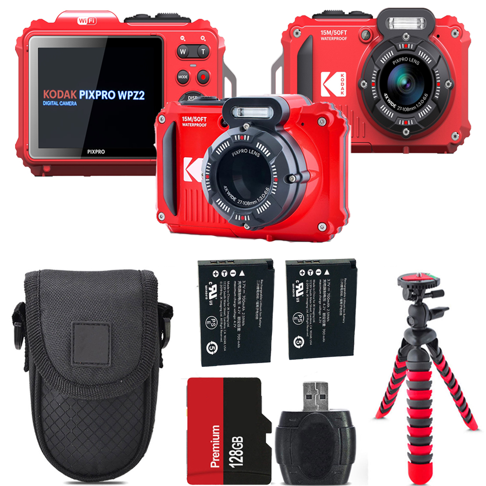 PIXPRO WPZ2 Digital Camera (Red) +Extra Battery +Tripod +Case -128GB Kit *FREE SHIPPING*