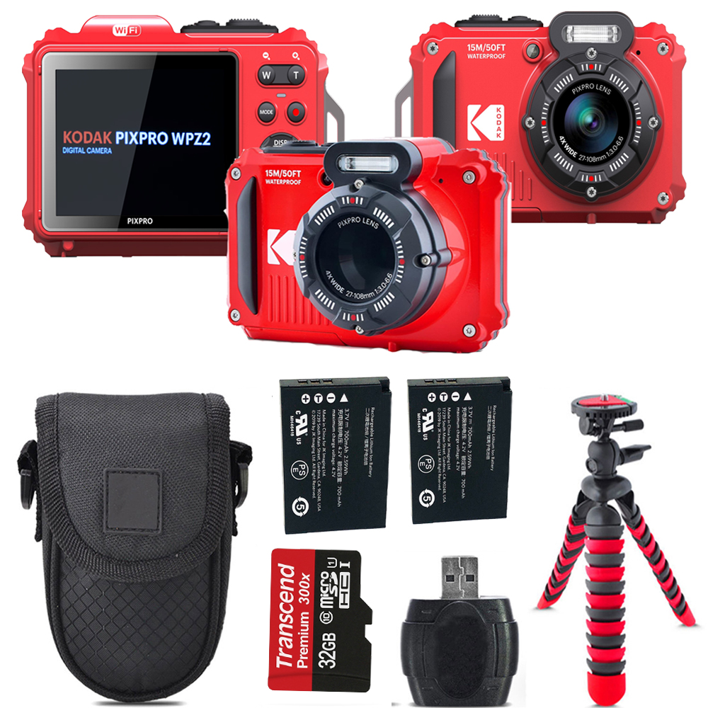 PIXPRO WPZ2 Digital Camera (Red) +Extra Battery +Tripod +Case -32GB Kit *FREE SHIPPING*