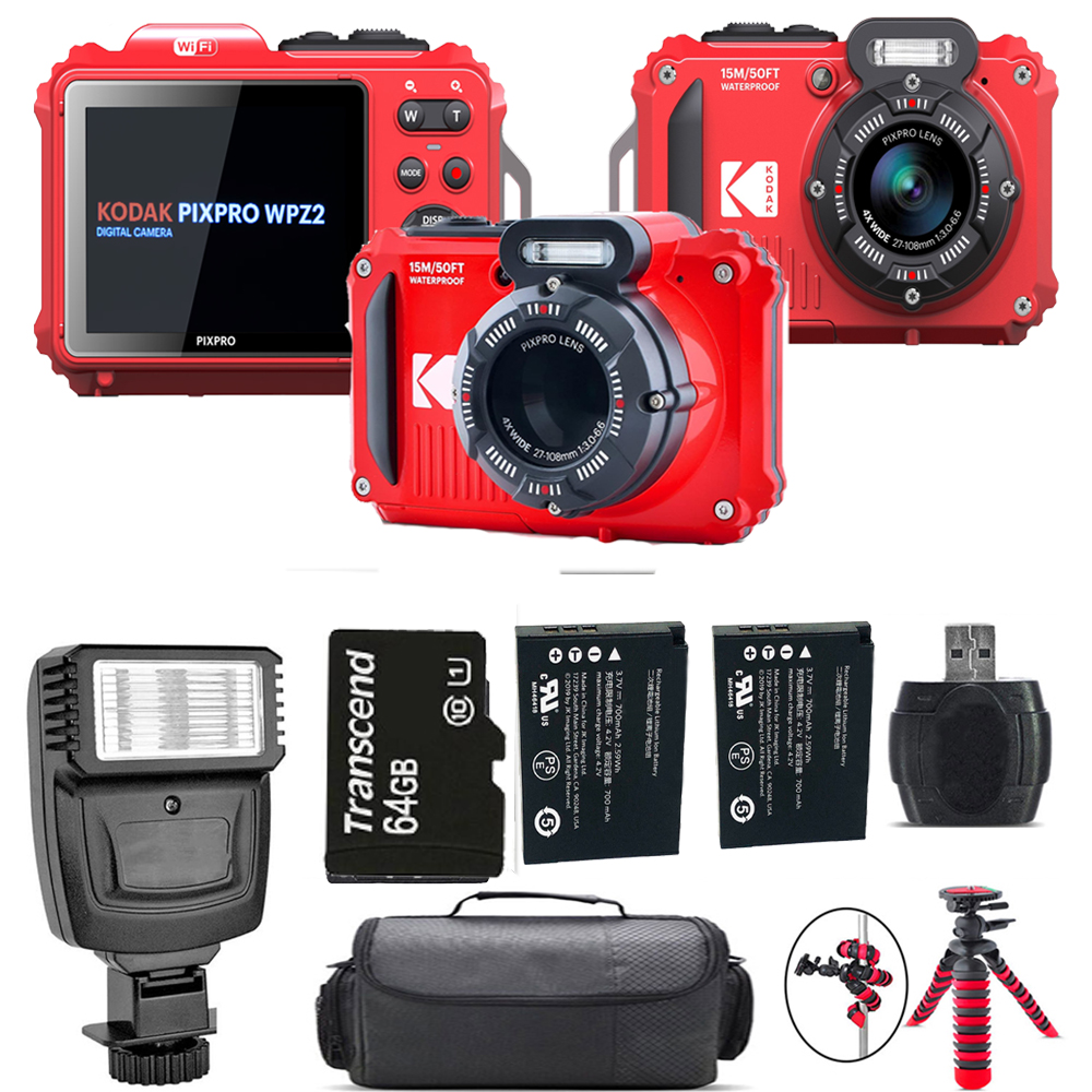 PIXPRO WPZ2 Digital Camera (Red) + Extra Battery + Flash - 64GB Kit *FREE SHIPPING*