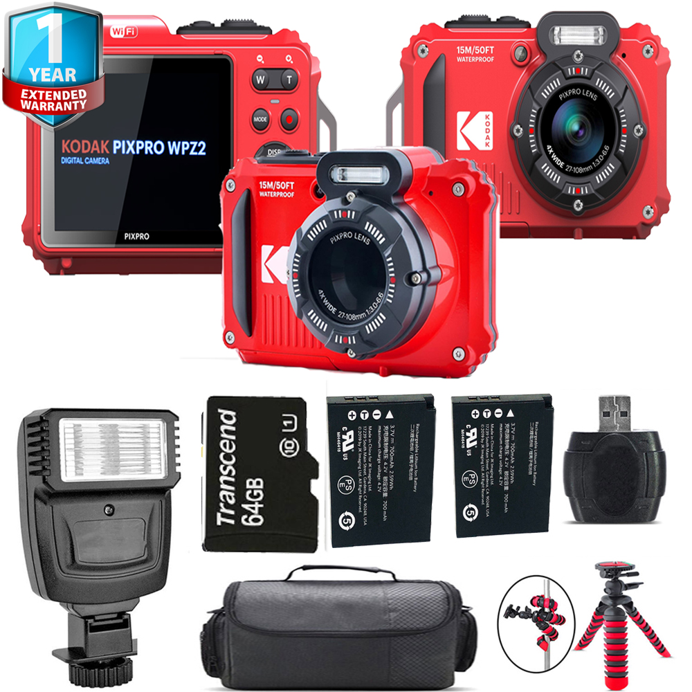 PIXPRO WPZ2 Digital Camera (Red) + 1 Yr Warranty + Flash - 64GB Kit *FREE SHIPPING*