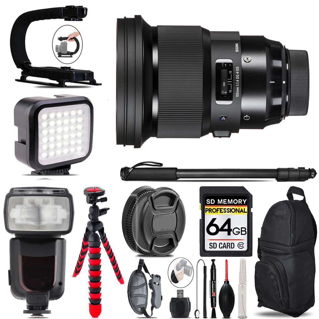 105mm f/1.4 DG HSM Art Lens Sony E+ LED Flash+ Bag -64GB Accessory Bundle *FREE SHIPPING*