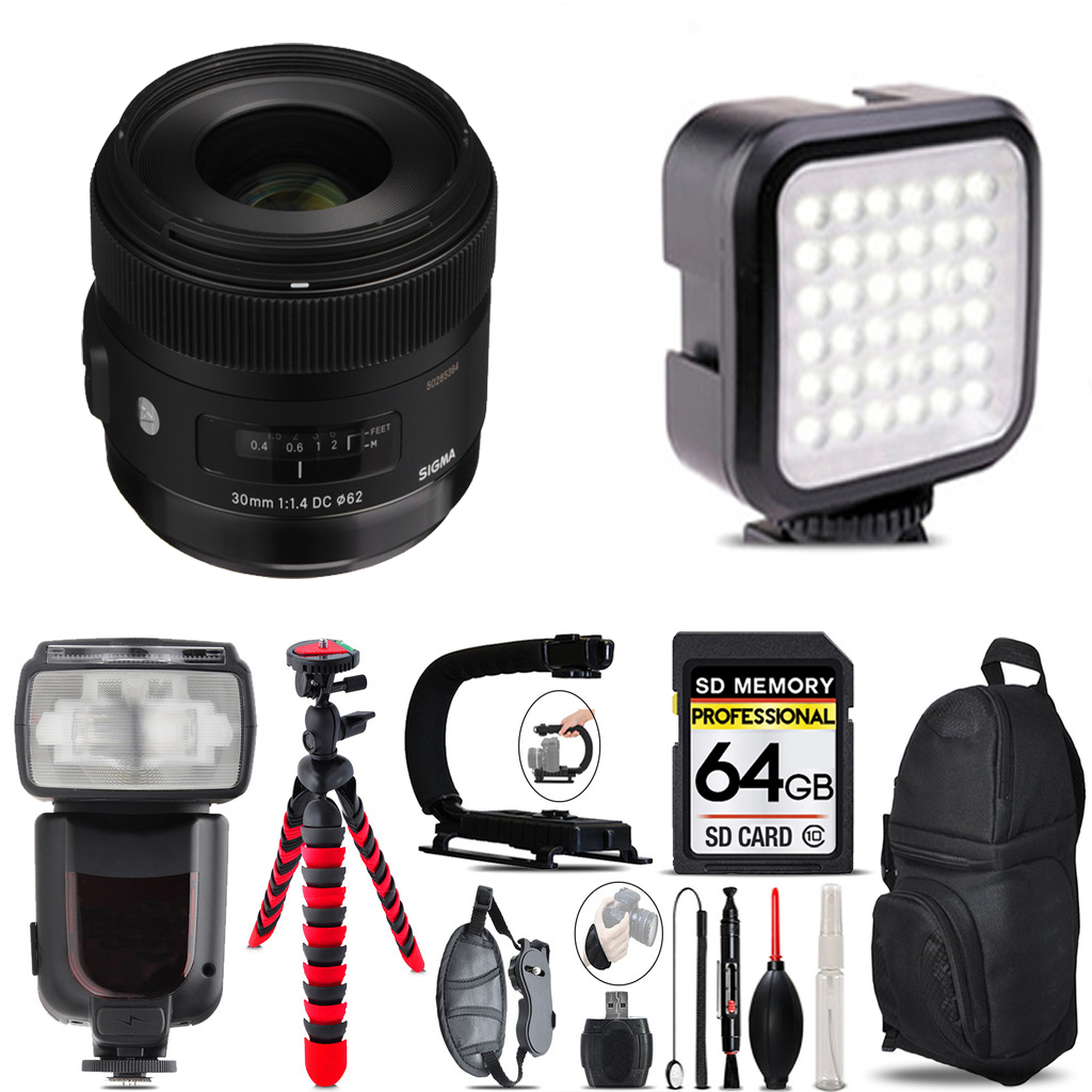 30mm f/1.4 DC HSM Art Lens for Sony A +LED Light - 64GB Accessory Bundle *FREE SHIPPING*