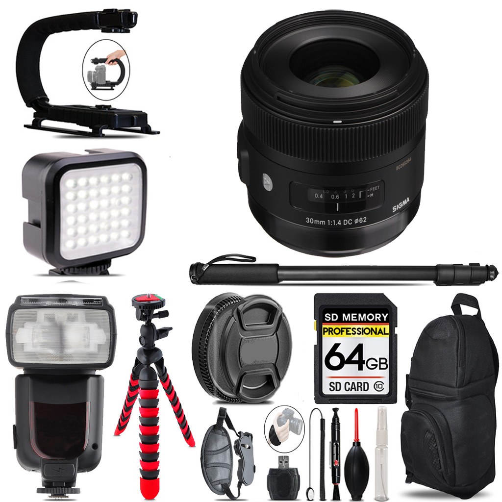 30mm f/1.4 DC HSM Lens Sony A + LED Flash+ Bag -64GB Accessory Bundle *FREE SHIPPING*