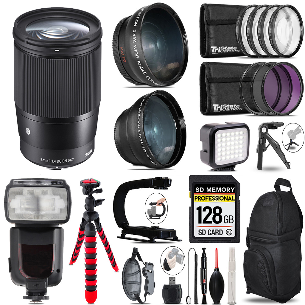 16mm f/1.4 DC DN Contemporary Lens Sony E + LED Light + Tripod -128GB Kit *FREE SHIPPING*