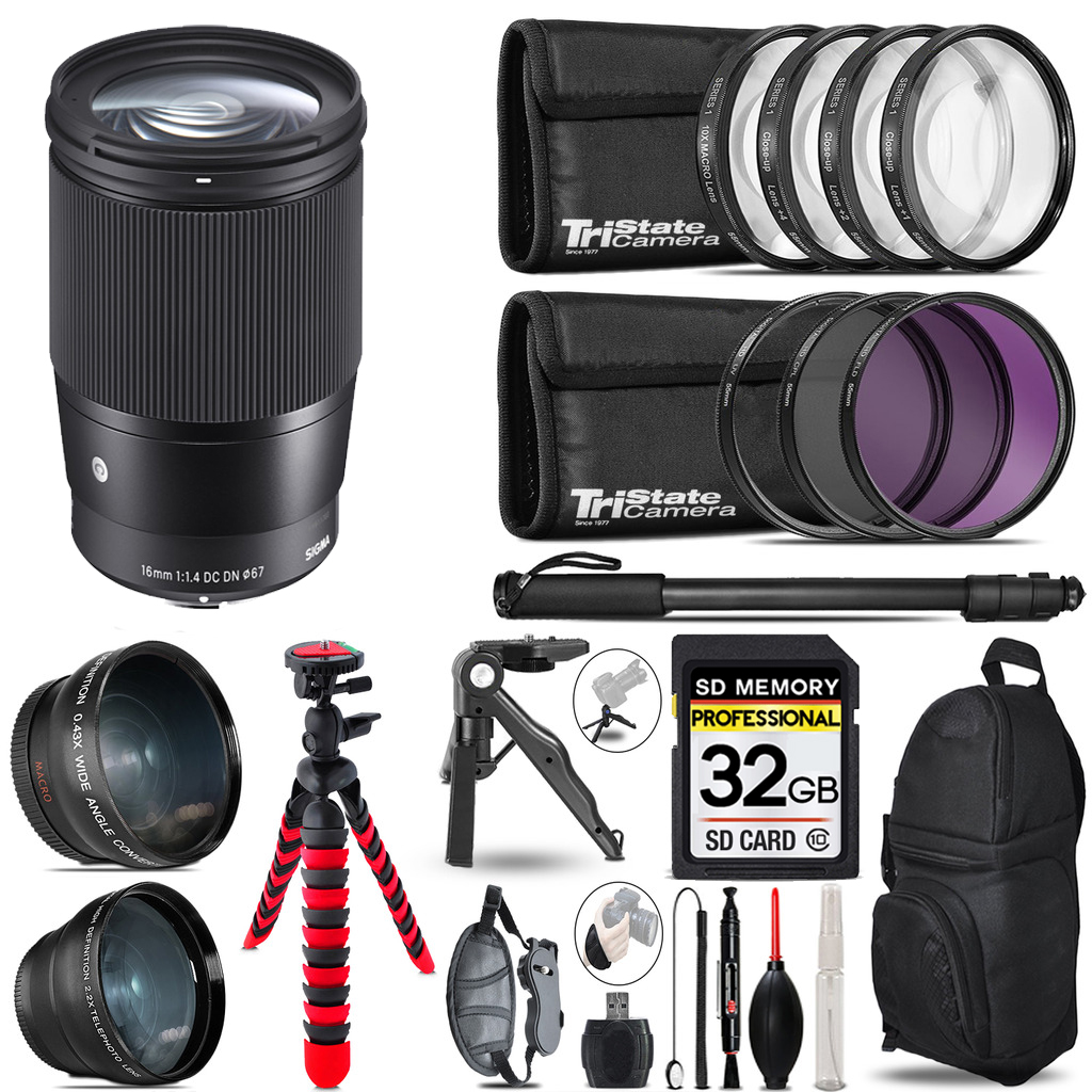 16mm f/1.4 DC DN Contemporary Lens Sony E -3 Lenses+Tripod +Backpack -32GB *FREE SHIPPING*