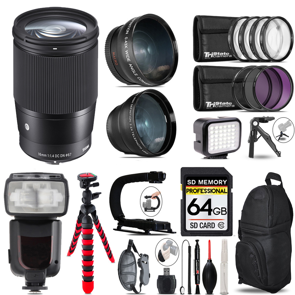 16mm f/1.4 DC DN Contemporary Lens for Sony E+ LED Light +Tripod -64GB Kit *FREE SHIPPING*