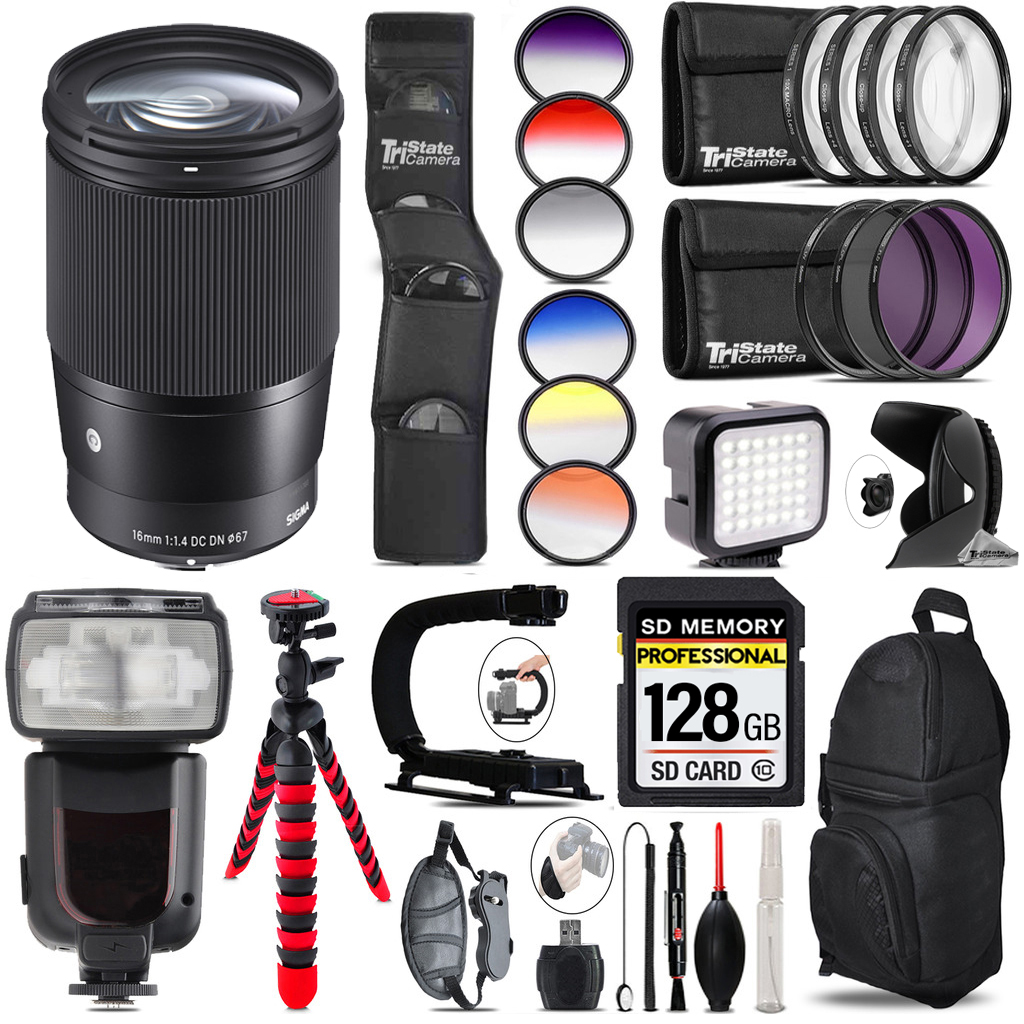 16mm f/1.4 DC DN Contemporary Lens for Sony E+ LED Light -128GB Kit Bundle *FREE SHIPPING*
