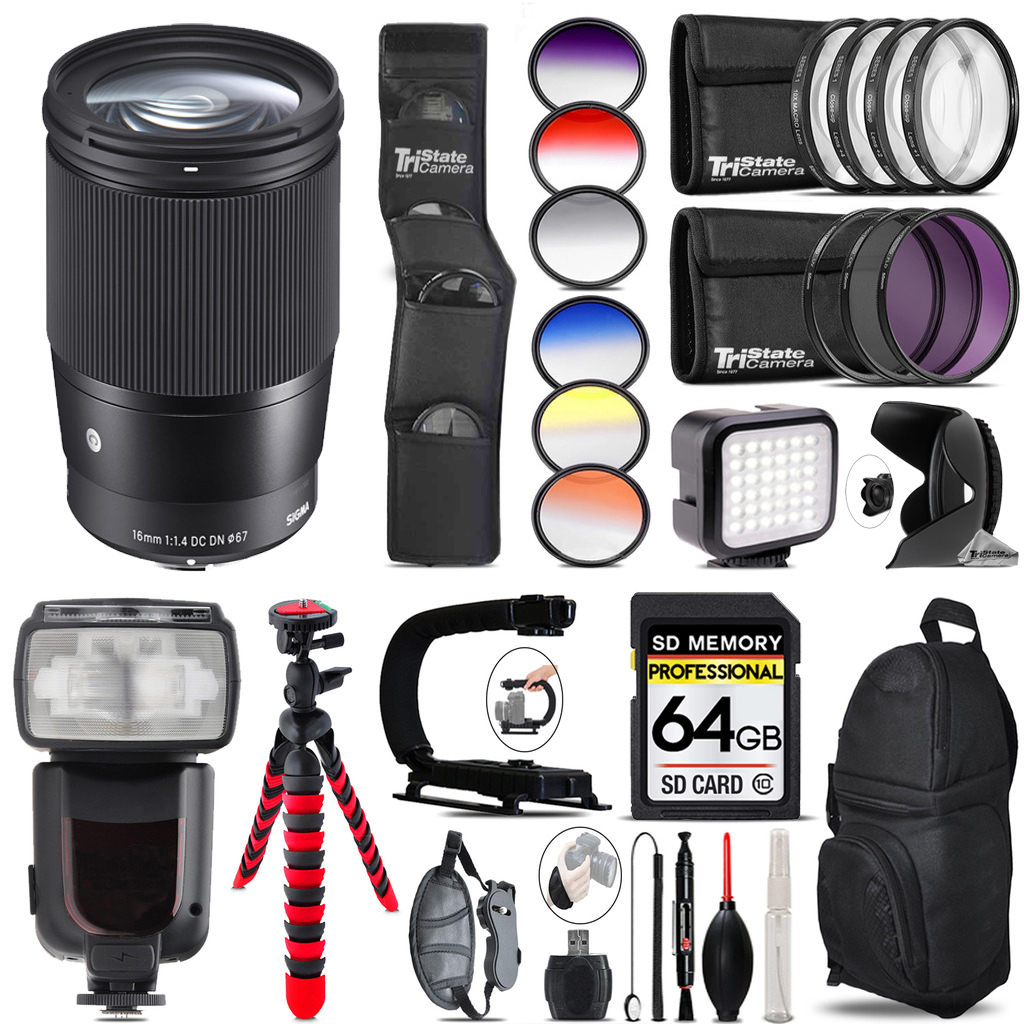 16mm f/1.4 DC DN Contemporary Lens for Sony E+ LED Light -64GB Kit Bundle *FREE SHIPPING*