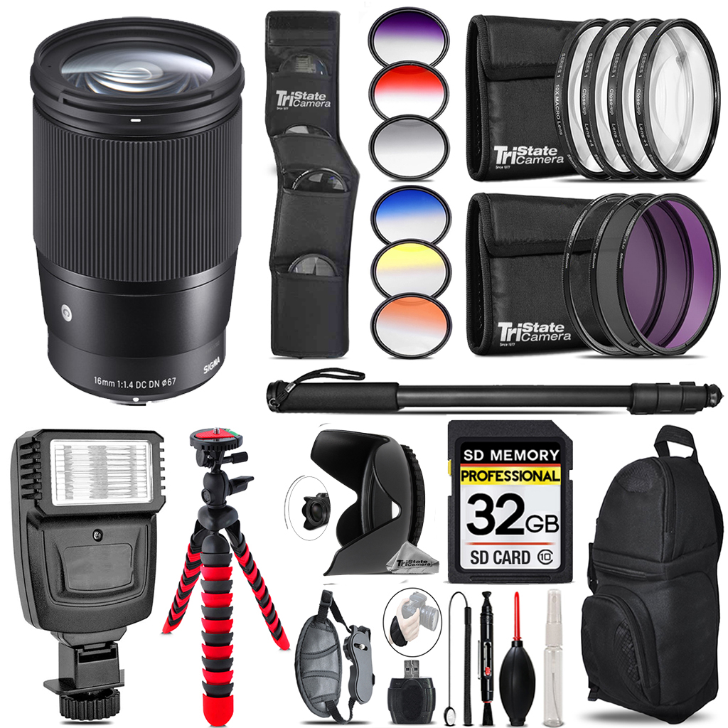 16mm f/1.4 DC DN Contemporary Lens Sony E +Flash+Color Filter Set-32GB Kit *FREE SHIPPING*