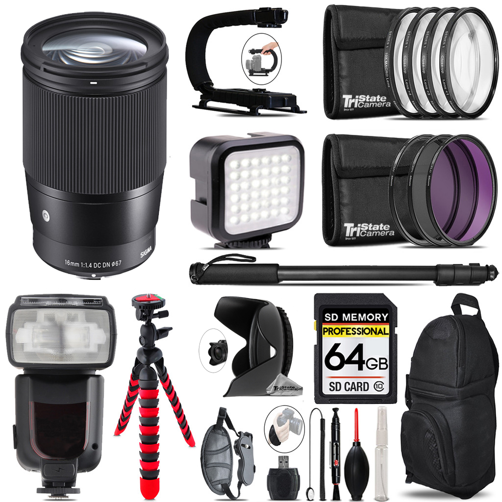 16mm f/1.4 DC DN Contemporary Lens Sony E + LED Flash+ Bag -64GB Bundle *FREE SHIPPING*