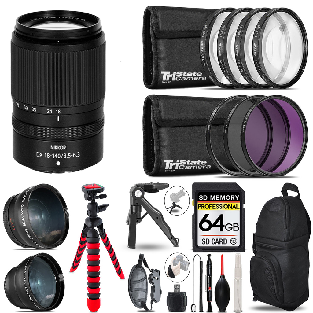 NIKKOR Z DX 18-140mm f/3.5-6.3 VR Lens 3 Lenses+ Tripod +Backpack -64GB *FREE SHIPPING*