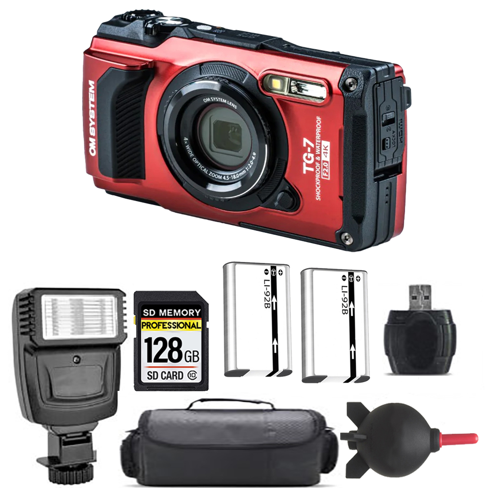 Tough TG-7 Camera (Red) + Extra Battery + Flash - 128GB Kit *FREE SHIPPING*