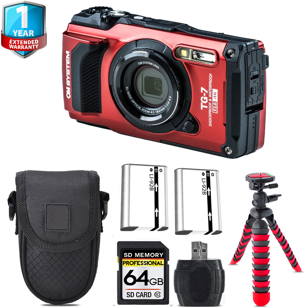 Tough TG-7 (Red) + Extra Batt+Tripod + 1 Yr Warranty -64GB Kit *FREE SHIPPING*