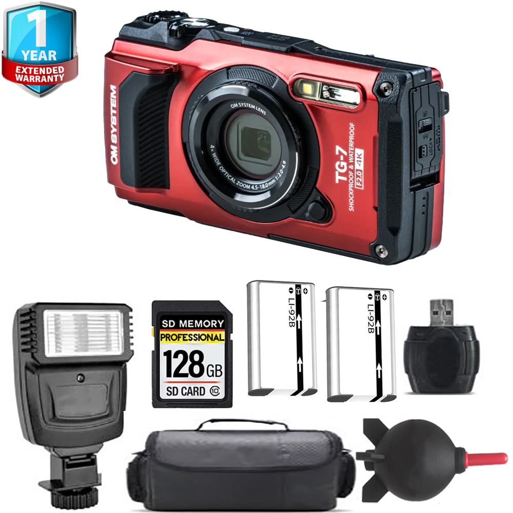 Tough TG-7 Camera (Red) + Extra Battery + Flash+ 1 Yr Warranty *FREE SHIPPING*